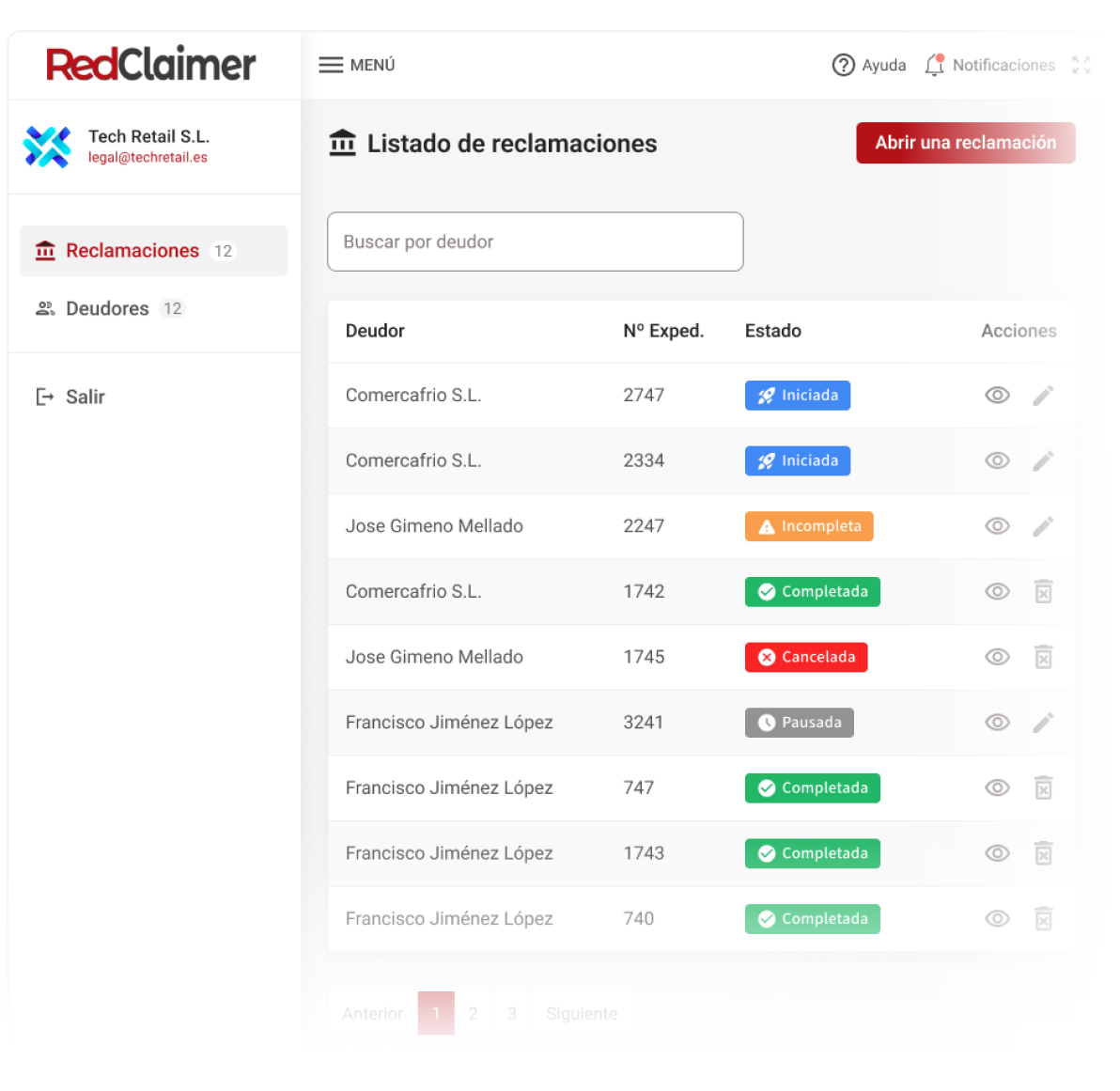 Listado de reclamaciones en la plataforma de RedClaimer, con el estado de cada expediente