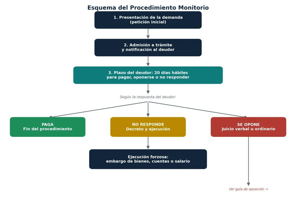 Esquema del procedimiento monitorio, desde la demanda hasta la ejecución o el embargo